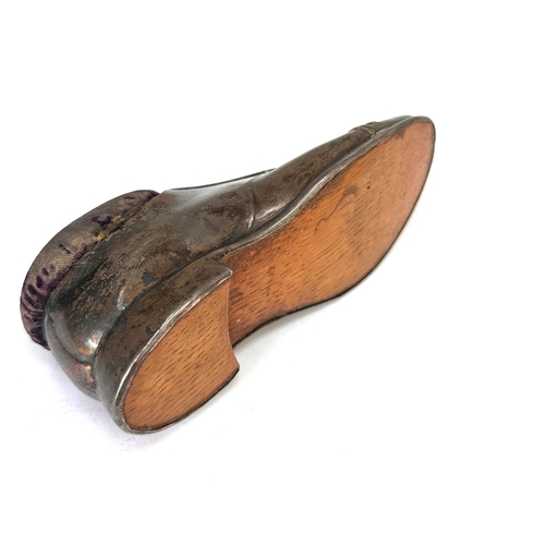 38 - Large antique silver shoe pin cushion measures approx 12cm by height 5.5cm