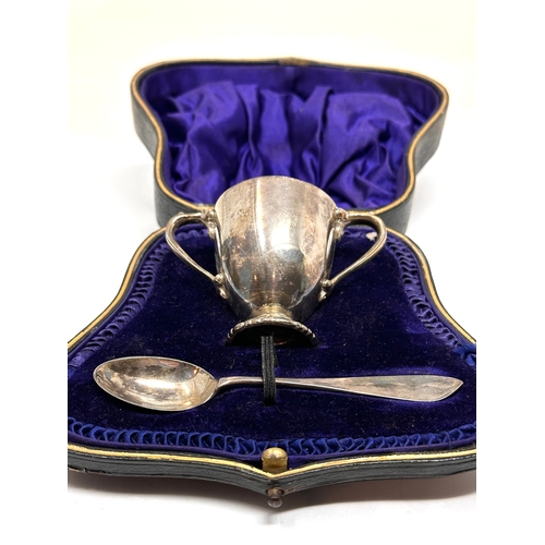 55 - Antique boxed silver egg cup & spoon london silver hallmarks