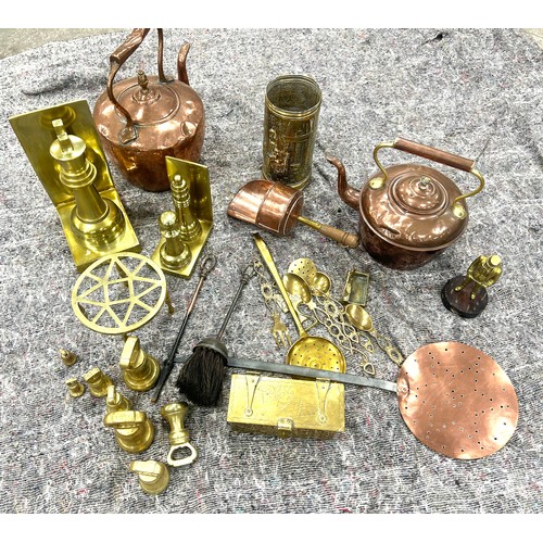 Selection of Copper and Brass Bed warming pans, Chestnut pans Etc