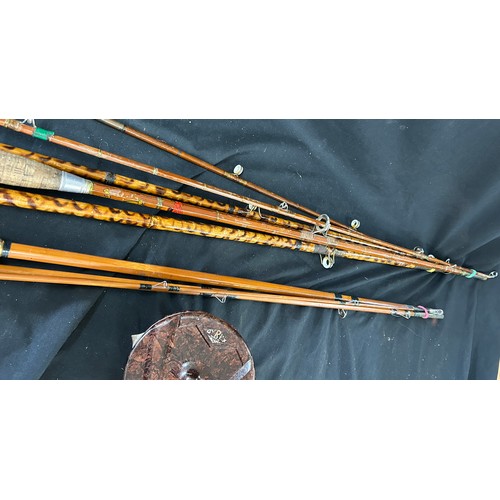 2 Antique split cane fishing rods, Gyrex Bakelite fishing reel