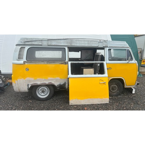 VW Type 2 Camper Van, this is a late Bay model, pop top roof, body has been restored, left hand drive, comes with number plate WAX 2755, with V5, interior in need of restoration, ideal project for a collector.