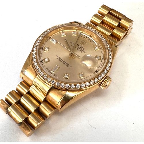 18ct gold gents Rolex oyster perpetual DAY-DATE Diamond face & bezel comes in box with spare strap links total weight of watch with links 179g
