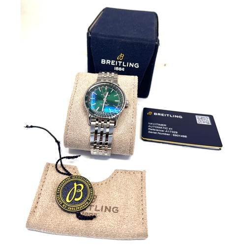 Breitling Navitimer Automatic 41, featuring emerald green dial with baton hour markers and a polished stainless steel bracelet.Model & Reference: Breitling Navitimer Automatic 41 Ref: A17329 . boxed with warranty card holder looks in unworn condition