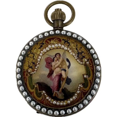 Late 20th century, enamelled pocket watch, with pearl detailing, Omega watch movement, untested, diameter 5cm excluding winder