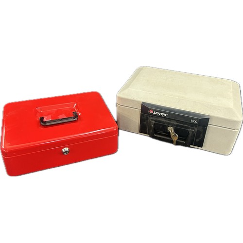 Grey Sentry 1100 fire resistant security chest with key and a red cash till