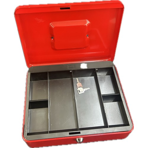 Grey Sentry 1100 fire resistant security chest with key and a red cash till