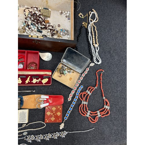 Wooden jewellery box containing costume jewellery, silver penknife ...