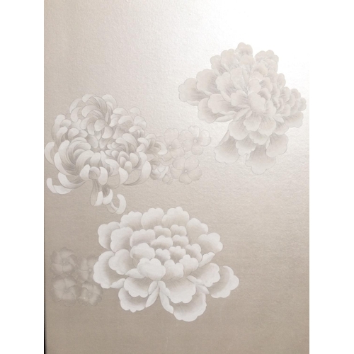656 - 4 Impressive De Gournay panels, metallic silk ground wallpaper mounted to heavy boards with decorati... 