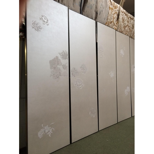 656 - 4 Impressive De Gournay panels, metallic silk ground wallpaper mounted to heavy boards with decorati... 