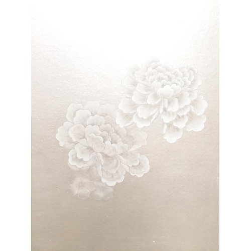 656 - 4 Impressive De Gournay panels, metallic silk ground wallpaper mounted to heavy boards with decorati... 