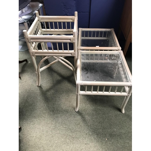 682 - Pair of green painted bamboo style glass top tables