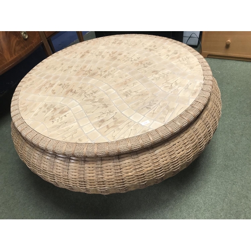 683 - Modern rattan effect circular coffee table with tile effect top