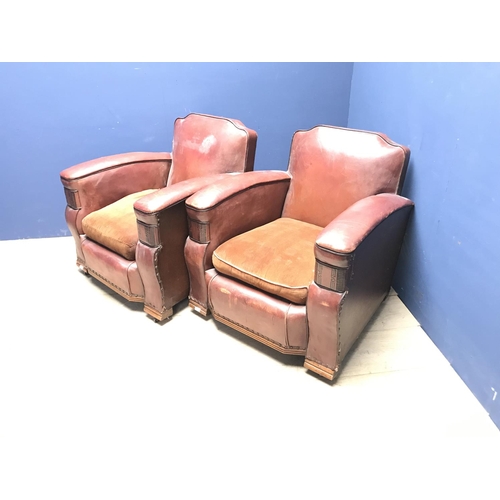 680 - Pair of Art Deco leather covered library arm chairs (flat back of chair is not covered in leather)