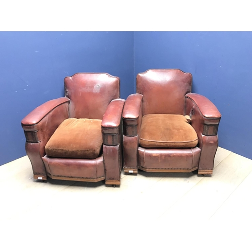 680 - Pair of Art Deco leather covered library arm chairs (flat back of chair is not covered in leather)