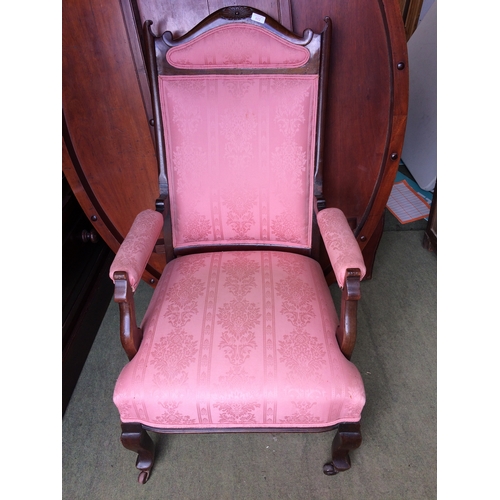 674 - Edwardian square framed arm chair with pink upholstery & Contemporary glazed bookcase, 103W x 140cm ... 