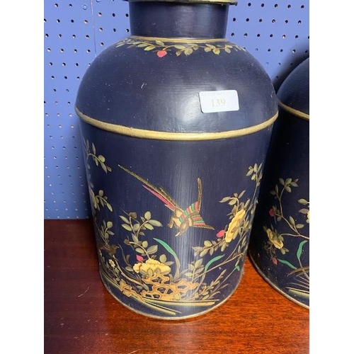 139 - 3 Dark blue & 1 black tea canisters decorated with flowers & birds 36 H x 23 dia cm