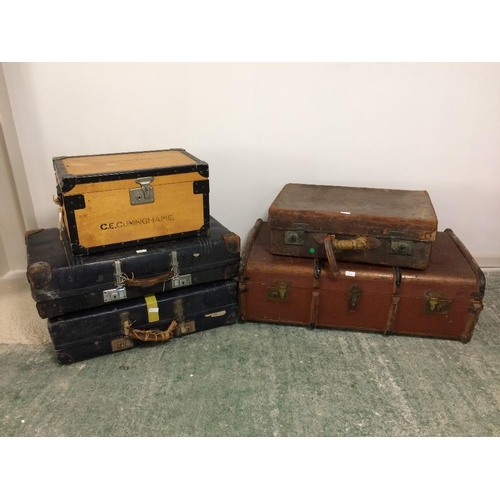 142 - 3 Revelation blue suitcases, school trunk, tuck box & leather suitcase, prewar leather hat box compl... 