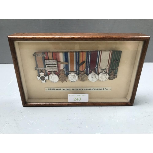 243 - World war I miniature medals, framed & glazed of Lieutenant Colonel Frederick Brousson, DSO, RFA