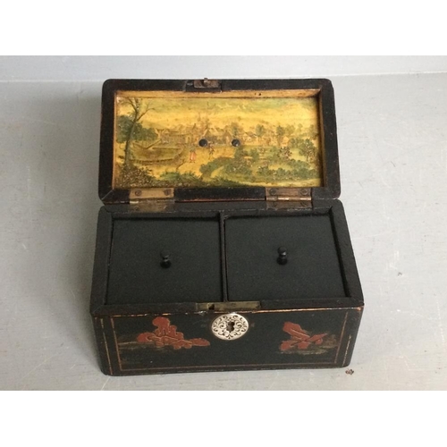 84 - Small 2 compartment lacquered oriental tea caddy with an interesting painting on the underside of th... 