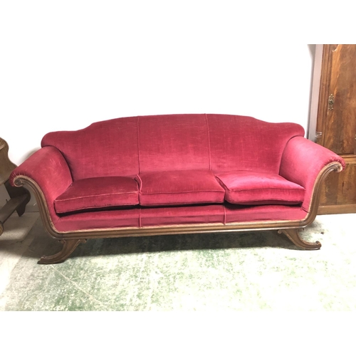 658 - Regency double scroll end 3 seater sofa, on scrolling feet, upholstered in red draylon