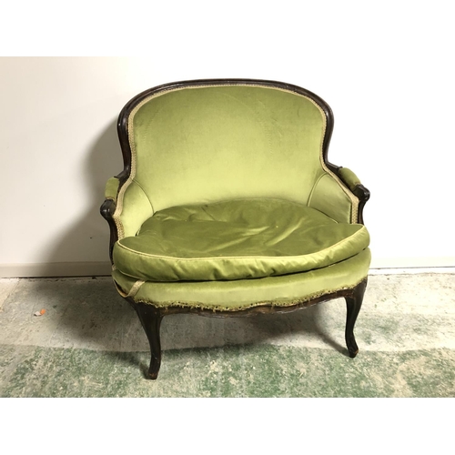 659 - Good French wide mahogany show framed Loveseat, upholstered in a light green fabric 96 cm W