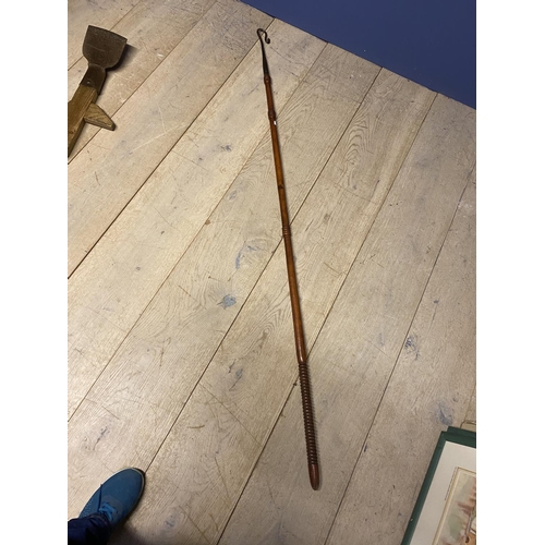 106 - Vintage iron crook with slender turned beech handle/staff