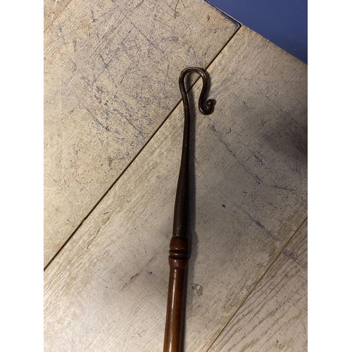 106 - Vintage iron crook with slender turned beech handle/staff