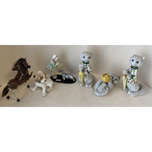 64 - Qty of ceramics & glass to include glass model of a prancing horse and Italian Murano spaghetti cats... 