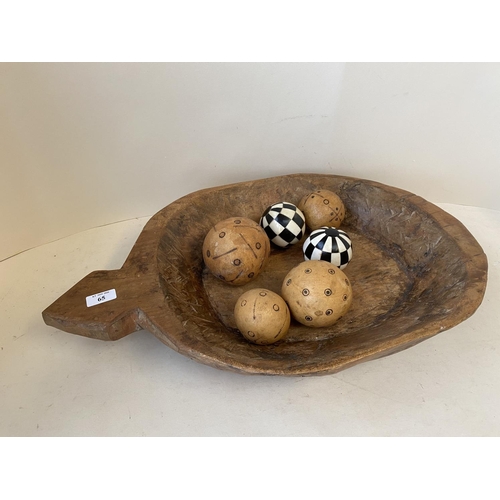 65 - Large rustic wooden carved bowl & decorative balls