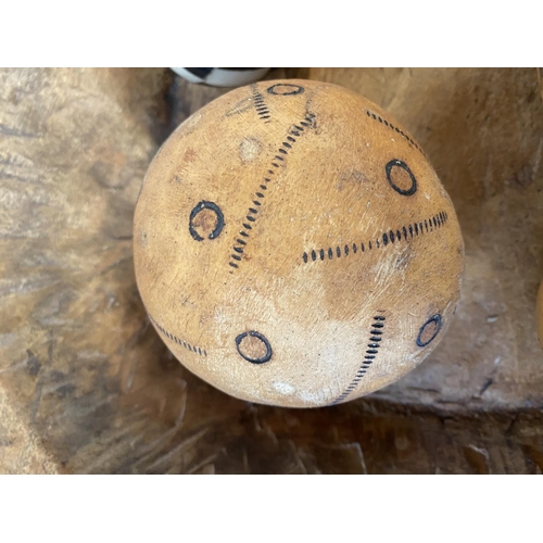 65 - Large rustic wooden carved bowl & decorative balls