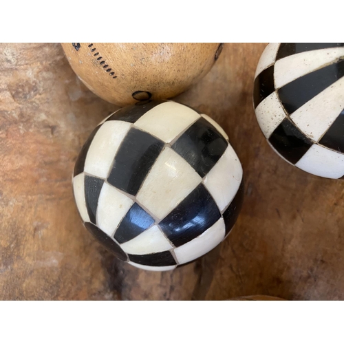 65 - Large rustic wooden carved bowl & decorative balls