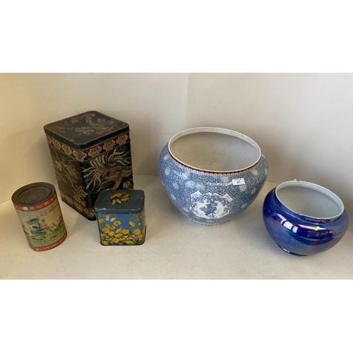 67 - 3 vintage tins & blue lustre vase & blue & white decorative jardinière CONDITION: all with wear & da... 