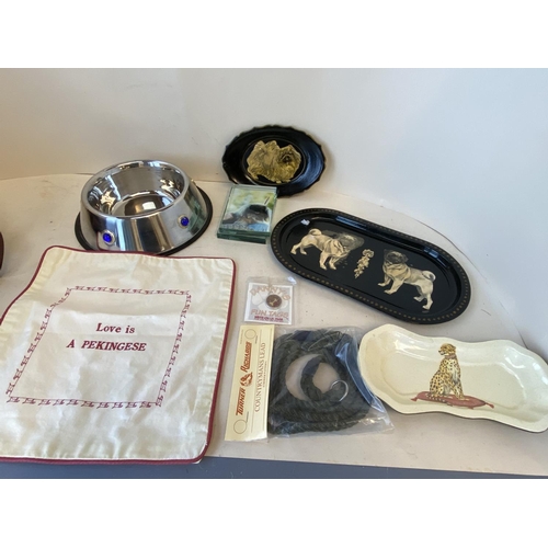 71 - Dog items: dog bowl, cushion cover, lead , decorative trays etc