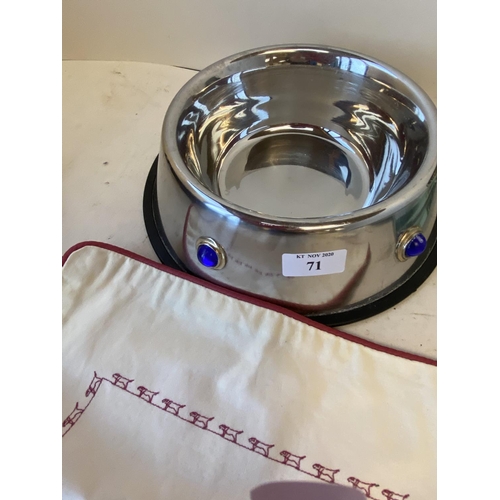 71 - Dog items: dog bowl, cushion cover, lead , decorative trays etc