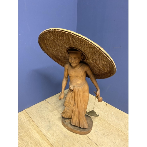 79 - Modern wooden carved figure of an Asian gentleman with large hat