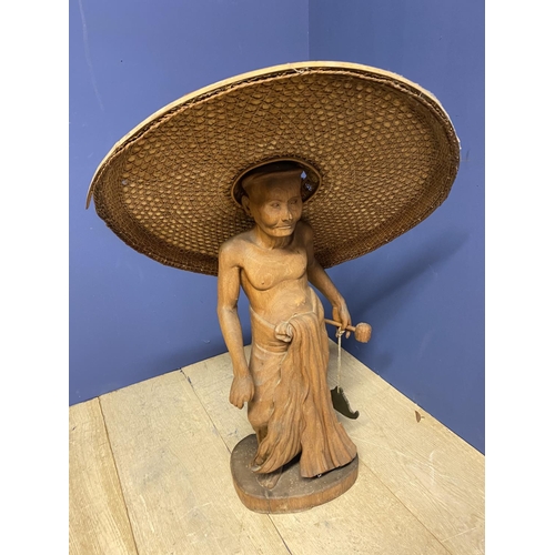 79 - Modern wooden carved figure of an Asian gentleman with large hat