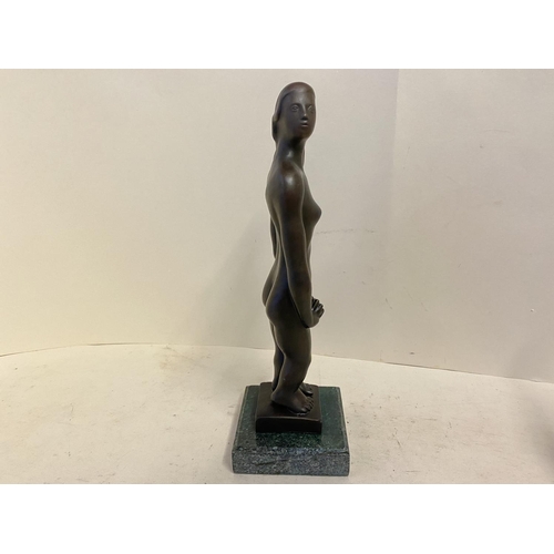 92 - Abstract Bronze figure of a nude lady on stand, 35cmH