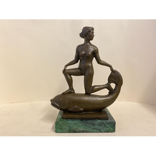 95 - Art Deco bronze of a female nude riding a fish, signed FREMIET, 38cmH,