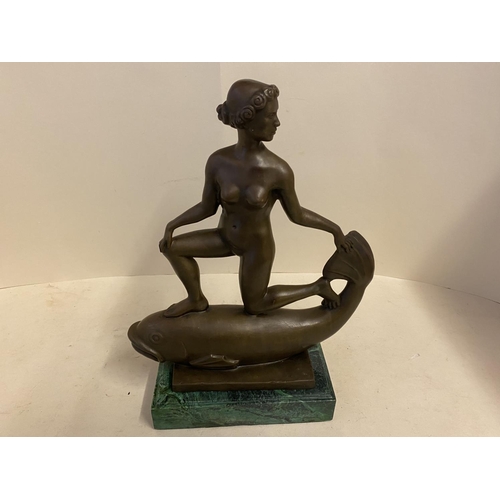 95 - Art Deco bronze of a female nude riding a fish, signed FREMIET, 38cmH,