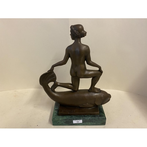 95 - Art Deco bronze of a female nude riding a fish, signed FREMIET, 38cmH,