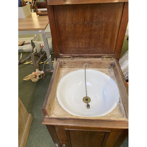 754 - Mahogany washstand, rising lid with fitted bowl, 81cmH, and a childs chair