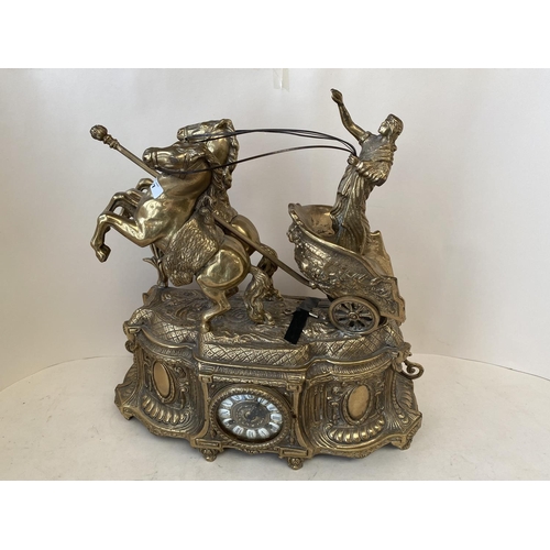 429 - French Classical style brass chariot mantel clock 51cm L 51cm H with key