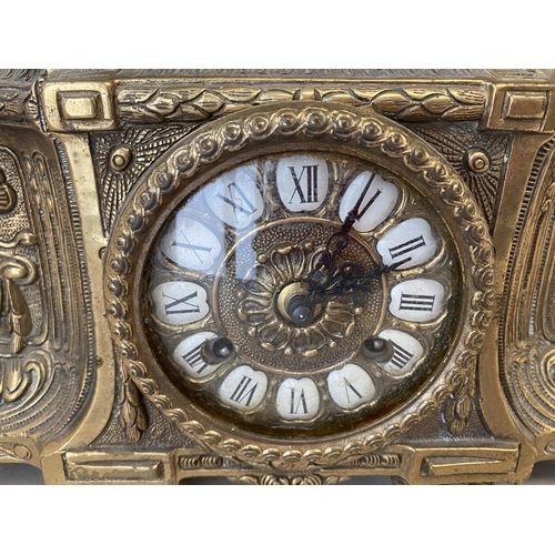 429 - French Classical style brass chariot mantel clock 51cm L 51cm H with key