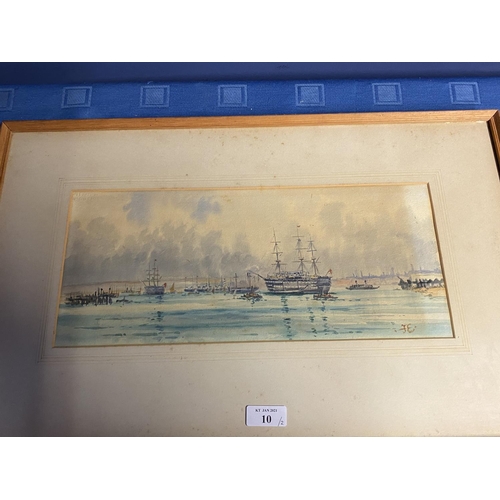 10 - C19th watercolour, sailing ships, initial JE lower right, 16 x 37cm (condition, some tiny foxing mar... 