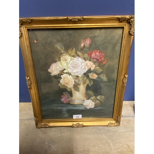 108 - Gilt framed watercolour, monogrammed, of vase of roses in bloom 34 x 39cm