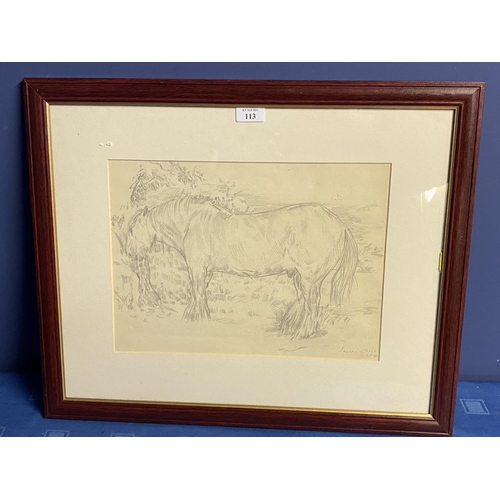 113 - Smeaton Chase? 1954 pencil equine study of a cart horse in a meadow, signed and dated, 26 x 35cm