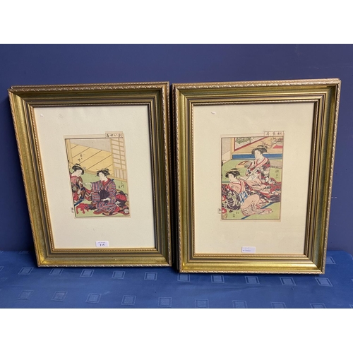 115 - Pair of signed Japanese Woodblock prints depicting Geishas in flamboyant costumes in gilt frames, 22... 