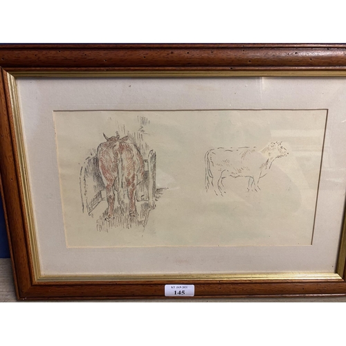 145 - 2 framed and glazed pictures of cattle, in pencil and pastel