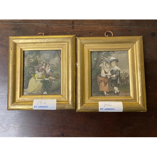 156 - Gilt framed embroidery study of flowers and butterfly; and a pair of print portrait miniatures