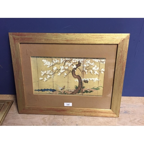 160 - Oriental school two framed Japanese scenic views one of a peacock beneath blossom tree and signed vi... 